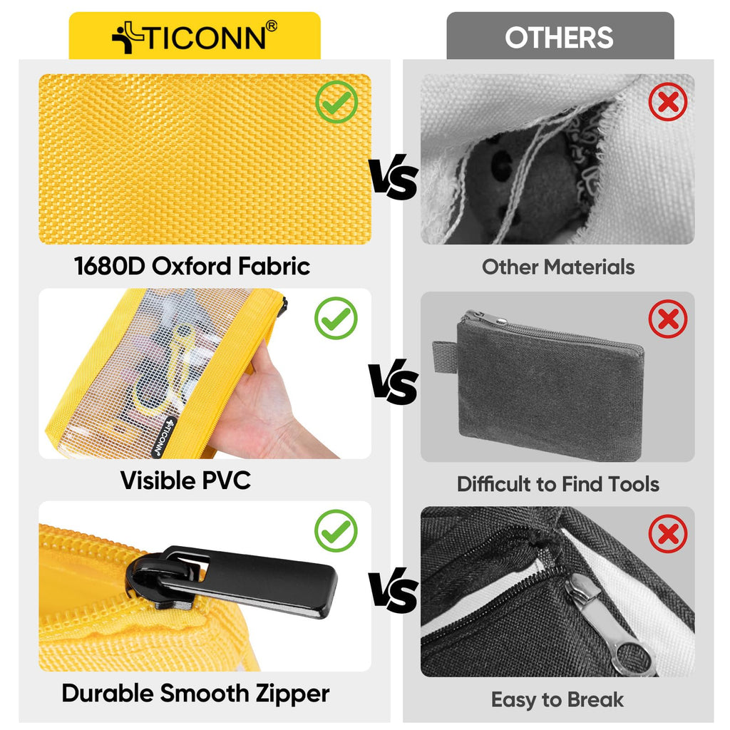 TICONN Tool Pouch, 1680D Oxford Small Tool Bag, Tool Pouches with Zipper, Clear Utility Bag Zipper Pouch for Tool Organizers and Storage (3PK Combo)