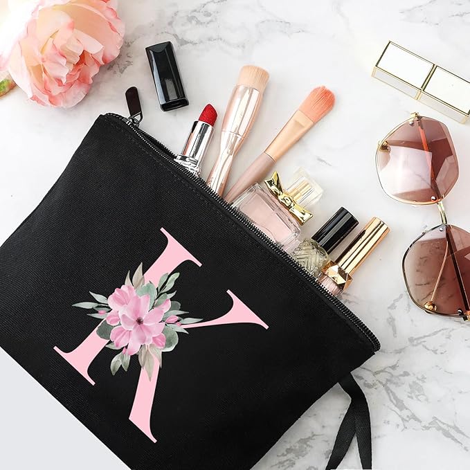 Vavabox A-Z Personalized Makeup Bag, Birthday Gifts for Women Mom, Gifts for Best Friend, Bride Bridesmaid Cosmetic bag (K, 02-Black)