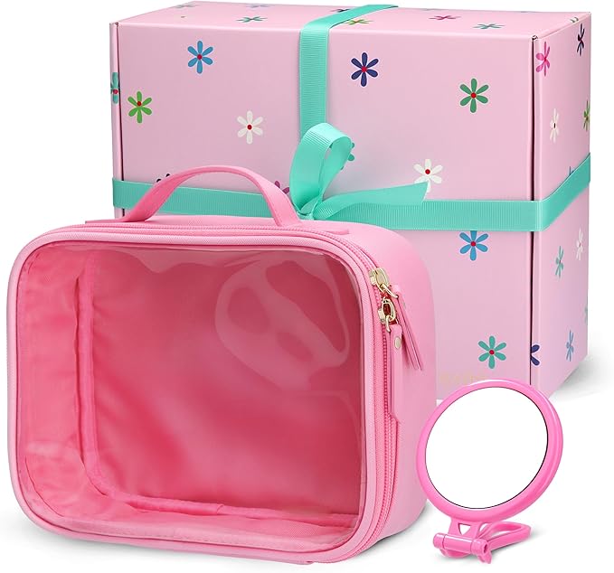Pink Clear Makeup Bag, Travel Cosmetic Pouch with Transparent Front, Quart Size Toiletry Organizer for Women, Girls & Teens, Cute Makeup Case