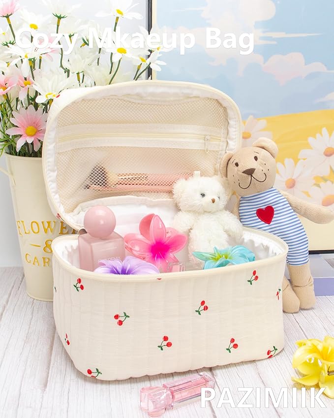 Quilted Makeup Bag for Women, Travel Cosmetic&Toiletry Bag,Cherry Beige