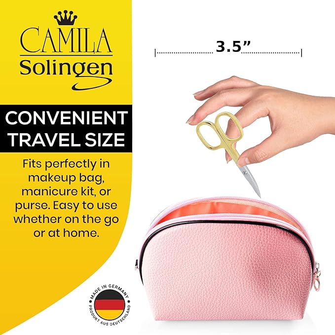 Camila Solingen CS02 3 1/2" Professional Hypoallergenic Gold Plated Manicure & Pedicure Sharp Curved Nail Cutting Scissors. Made of Durable Stainless Steel in Solingen, Germany