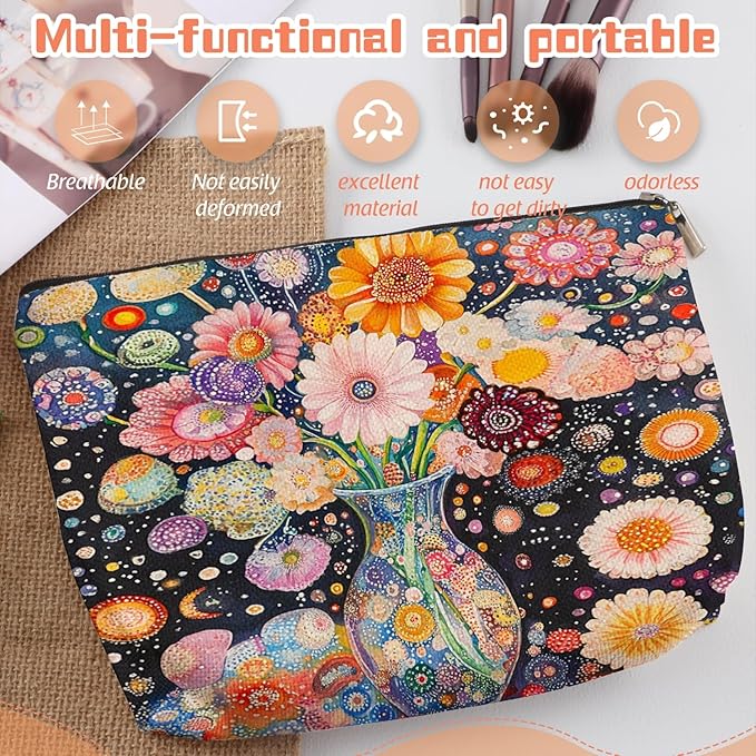 Scribesense Makeup Bag Travel Cosmetic Bags Small Makeup Case Waterproof Zipper Pouch for Women Girls 7X9inches - Colorful Flowers in A Blue Vase with Dots