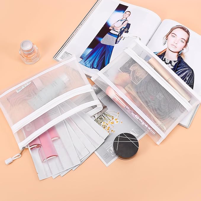 Sinzip 12 Pieces Zipper Nylon Mesh Pouch, Mesh Cosmetic Bags Makeup Bags Pencil Case, Multipurpose Travel Bags for Cosmetic School Office Supplies and Travel Accessories (2 Layers-White, A5)