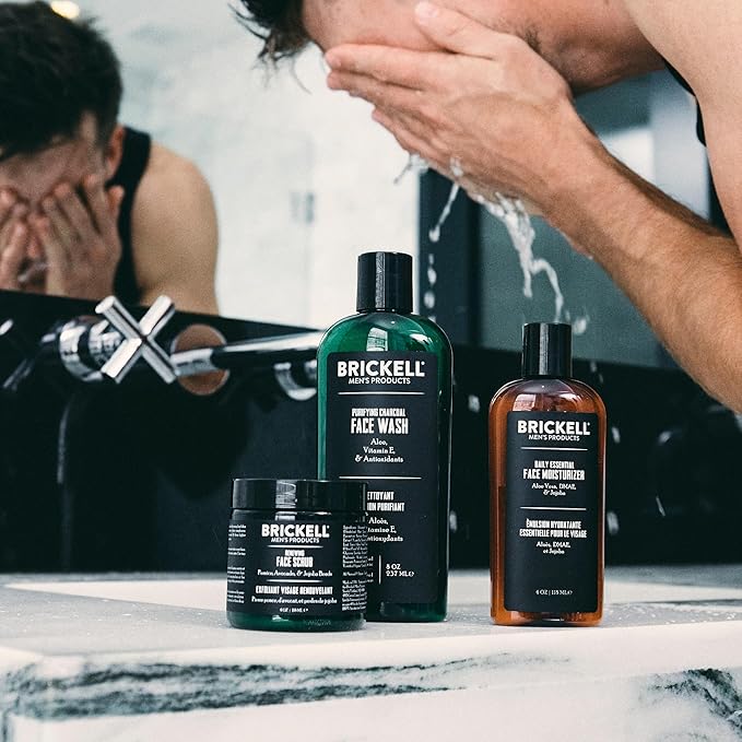 Brickell Men's Daily Advanced Face Care Routine II, Activated Charcoal Facial Cleanser, Face Scrub, Facial Moisturizer Lotion, With Activated Charcoal, Hyaluronic Acid, and Aloe, Unscented