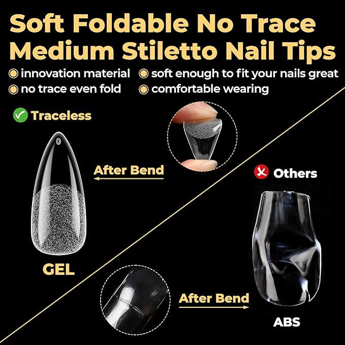 UNA GELLA 600Pcs Medium Stiletto Gel Nail Tips, Pre Etched Medium Stiletto Press on Nails & Sharp Almond Shape Full Cover Soft Gel Nails Tips for Nail Extensions DIY Art Salon 12 Sizes at Home