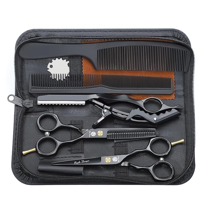 Purple Dragon 5.5 inch Hair Cutting Scissors Set with Razor - Black