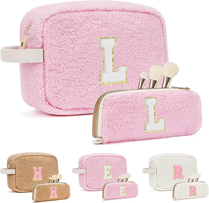 ibeacos 2PCS Makeup Bag with Initials, Valentines Day Gifts for Teen Girls Trendy Stuff, Personalized Cosmetic Travel Bag Pouch for Granddaughter, Cute Plush Make up Bags for Birthday - Pink L