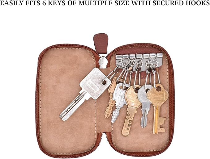 Adamis Full Grain Genuine Leather Keychain Holder Pouch, Key Case, Soft Strong and Compact Organizer and Wallet with Zip Closure for Extra Safety and 6 Key Holder Hooks in Tan
