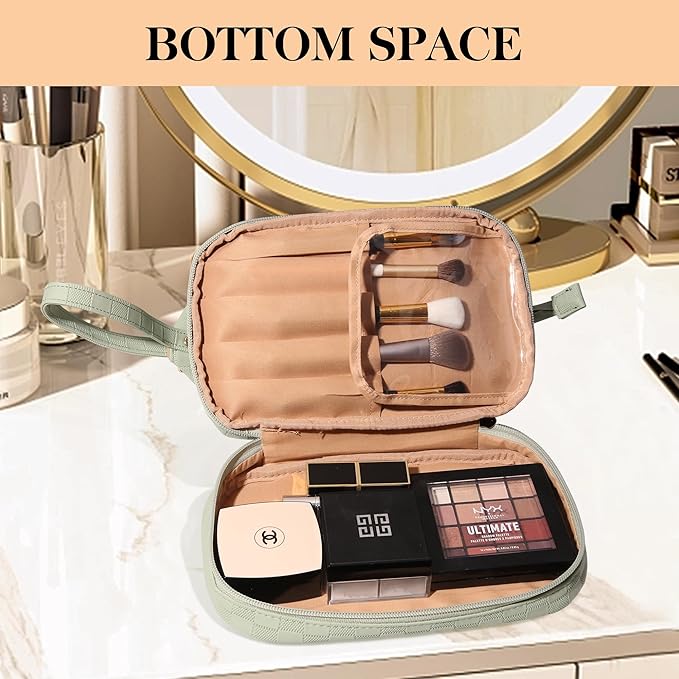 Abiudeng Large Makeup Bag for Women,Travel Makeup Organizer with Brush Holder, Dopp Kit Essentials,Waterproof Checkered Cosmetic Bag for Traveling,Multi Compartment,Cute,Spacious Capacity-Green