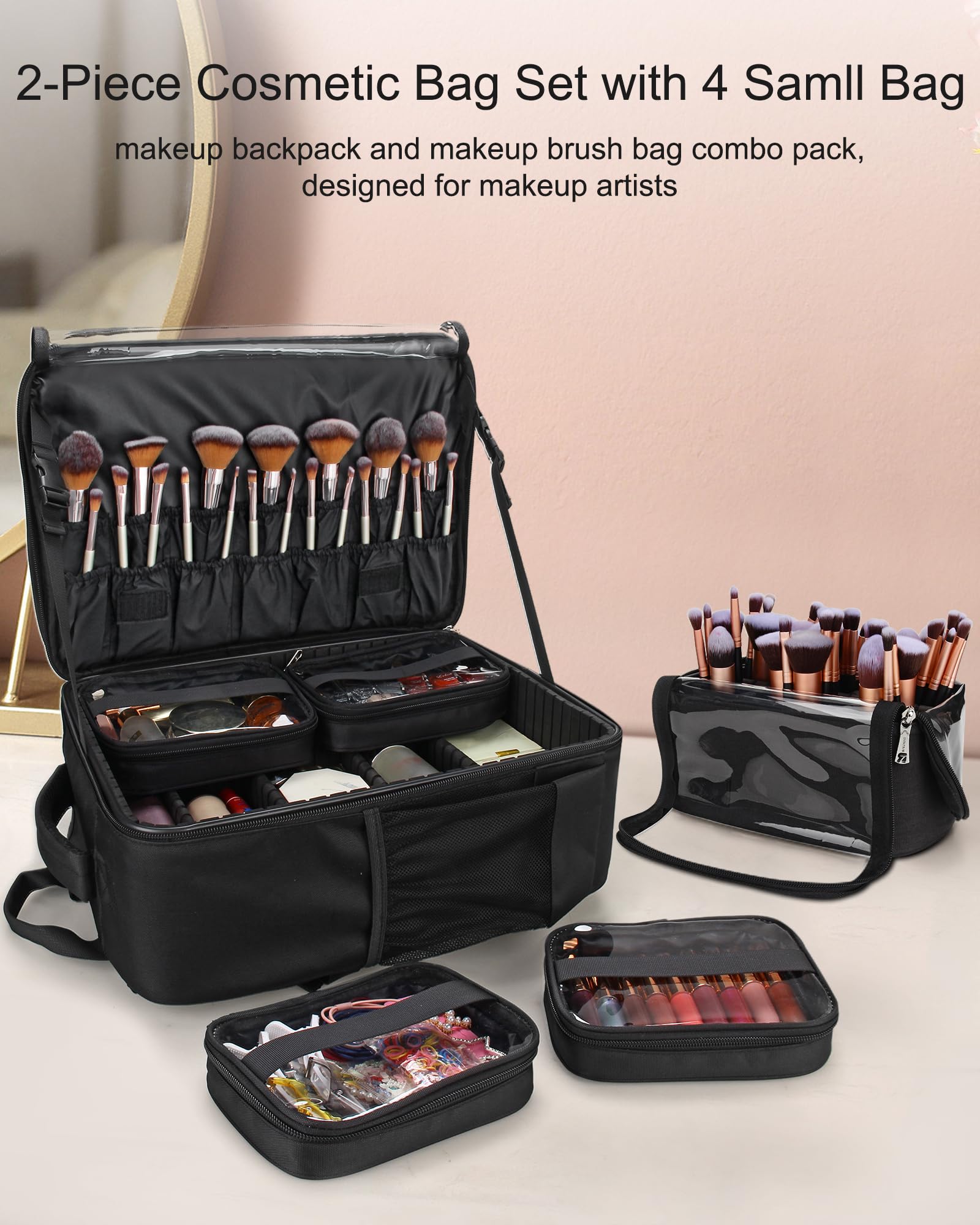 TANTO Makeup Backpack Makeup Artist Bag Professional Extra Large Cosmetic Bags Travel Train Case Storage Organizer Double-Layer Cosmetic Case with 4 Pouch and Brush Organizer (Black, two piece)