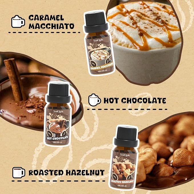 Soulorigin Coffee Fragrance Oils Set, Essential Oil for Diffuser, Diffuser Oil, Use for Soap Candle Making,Caramel Apples, Pumpkin Pie, Candy Corn, Halloween Cookies, Popcorn Balls, Snickers Bars