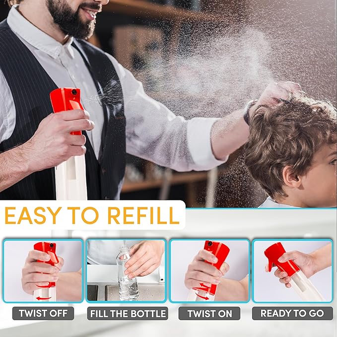 Hula Home Spray Bottle for Hair (10.1oz/300ml) - Continuous Ultra Fine Mist Sprayer for Hairstyling, Cleaning, Salons, Plants, Essential Oil & More - Red/Clear