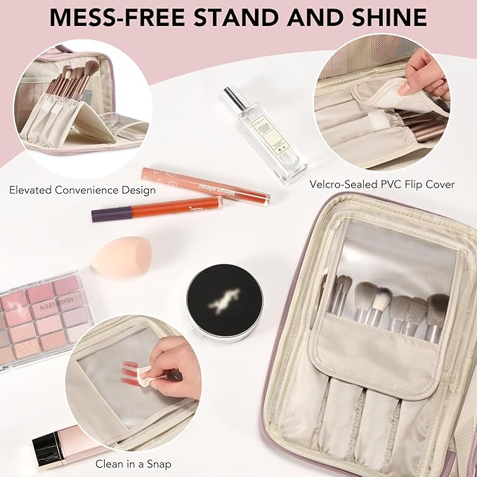 HauteHues Travel Makeup Bag Women's Large Capacity Cosmetic Portable Organizer Large Opening Waterproof Storage Toiletry Bags Vertical Free-Standing Brush Holder for Easy Access Pink