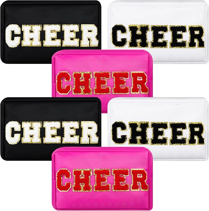 Clysee 6 Pcs Cheer Makeup Bag Chenille Cosmetic Bag with Letter Patches, Waterproof Portable Cheerleader Toiletry Zipper Pouch for Girls Women Teachers Appreciation Gifts (Pastel Colors)