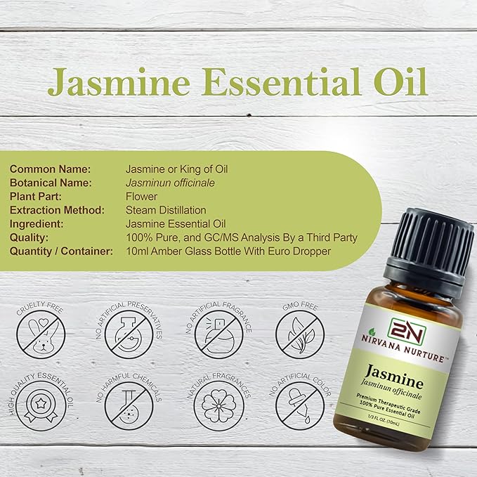 Nirvana Nurture Jasmine Essential Oil, 100% Pure Undiluted, Aromatherapy Oil for Diffuser, Hair & Skin Care