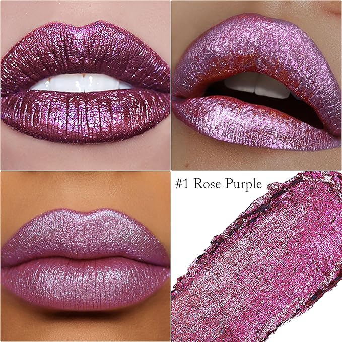 Wugbc Glitter Lipstick Makeup, Rose Purple Holographic Metallic Lip Stick Long Lasting Lightweight Non-Sticky Hydrating Lip Tinted Full Coverage High-Shine Sparkling Chameleon Lipstick for Women