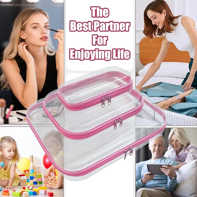 YOQIVEXU 3 Pcs Clear Hard Zipper Case, Hard Shell Plastic Clear Organizer Bag, Transparent Makeup Pouches, Portable Box for Travel Toiletries Storage Bins (Pink, Multi)