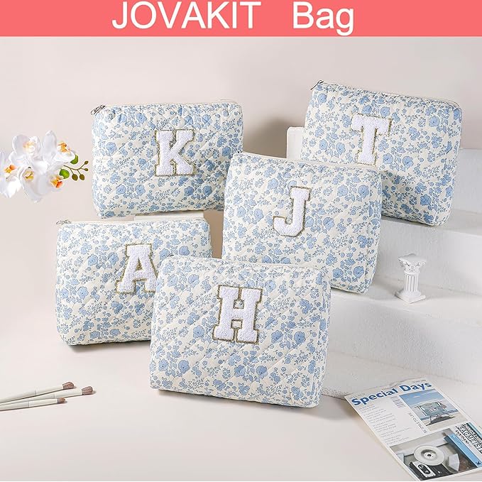 JOVAKIT Alphabet Makeup Bag Cosmetic Bag for Women, Christmas Gifts for Girls Age 6-18, Floral Flowers Coquette Travel Toiletry Zipper Make Up Pouch Organizer Trendy Stuff (2Pcs Blue Floral A)
