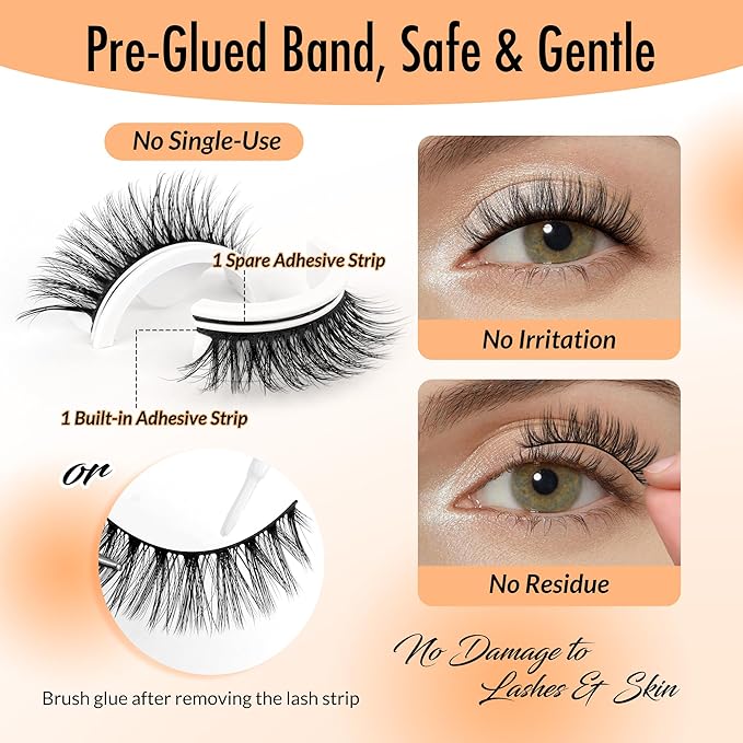 Bepholan Self Adhesive Eyelashes Natural Look Press On Lashes No Glue Needed Pre Glued Eyelashes Reuseable Waterproof Self Adhesive Lashes Wispy Fluffy Lashes with Tweezer3 Pairs Pack