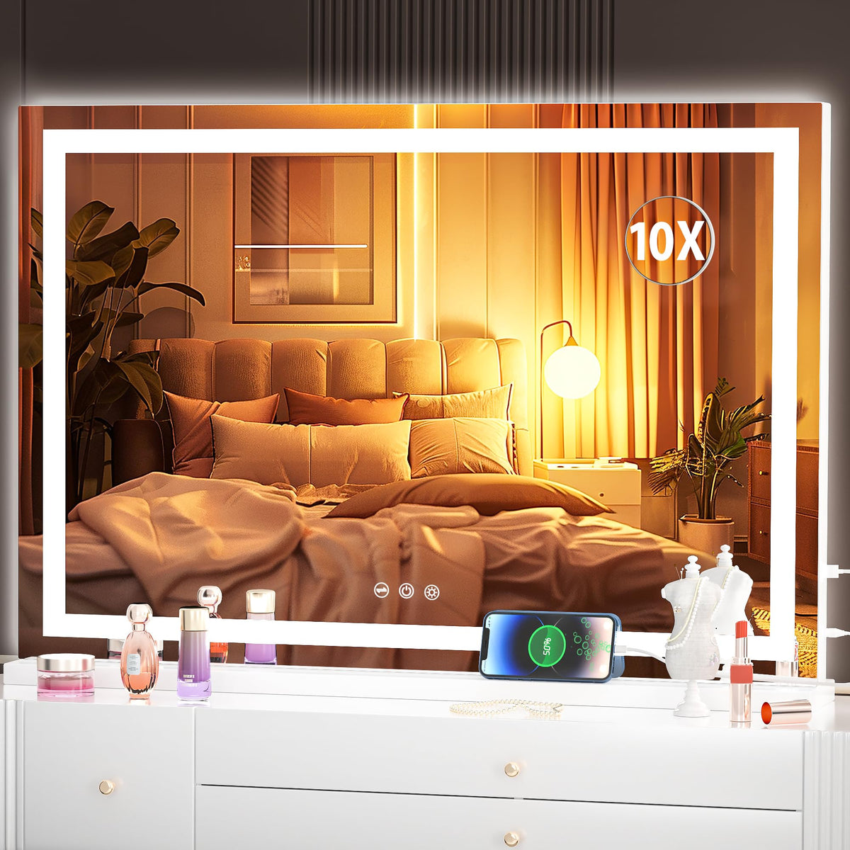 Hasipu Vanity Mirror with Lights, 27.6" x 20" LED Makeup Mirror, Lighted Makeup Mirror with Dimmable 3 Modes, Touch Screen Control Vanity Mirror Round Gold