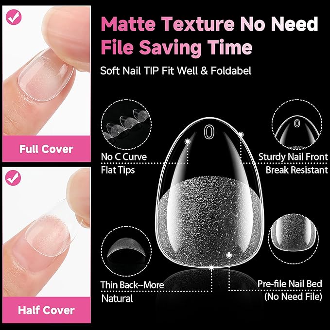 UNA GELLA Extra Short Almond Nail Tips, 312pcs XS Short Almond Gel Nail Tips, Pre-Shaped Half Matte Full Cover No Need File Soft Gel Clear Fake Nails for Nails Extension Home DIY Salon 12 Sizes
