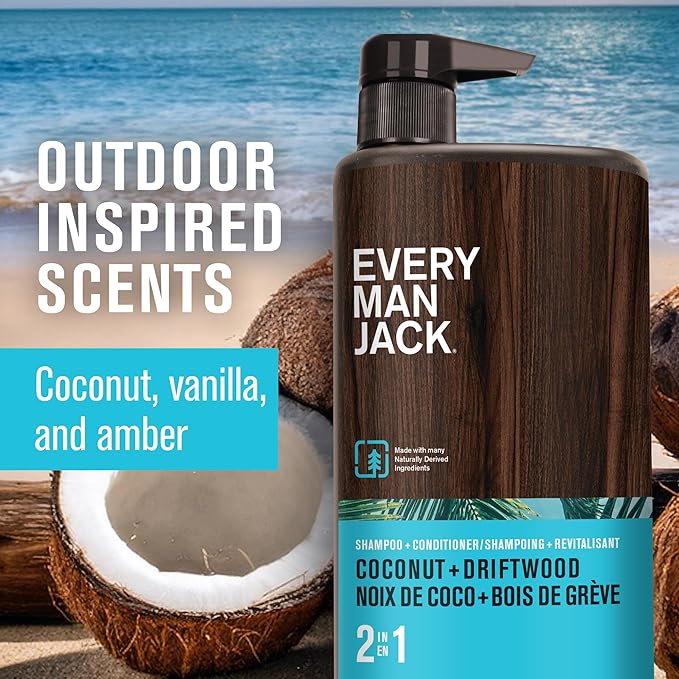 Every Man Jack Men's Shampoo & Conditioner 2-in-1, Coconut Driftwood, 24 oz