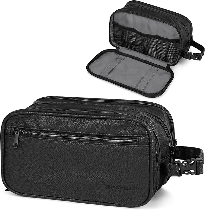 PAVILIA Toiletry Bag for Men, Travel Toiletries Bag | Water-resistant Dopp Kit, PU Leather Shaving Pouch Organizer for Accessories, Cosmetic, Hygiene, Grooming Essentials (XL, Black)