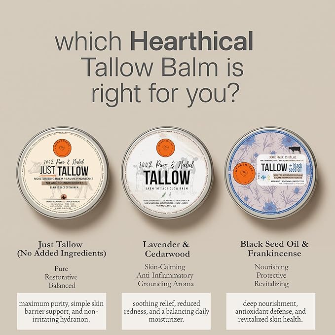 Hearthical Halal Grass Fed Beef Tallow For Skin – 70g Organic Beef Tallow Moisturizer – Beef Tallow Face Moisturizer & Beef Tallow Face Cream – Pure Beef Tallow Balm with Black Seed and Jojoba