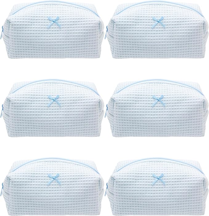 PAZIMIIK Cozy Makeup Bag for Women,Zipper Cosmetic Pouch,Waffle Blue,6 Pack