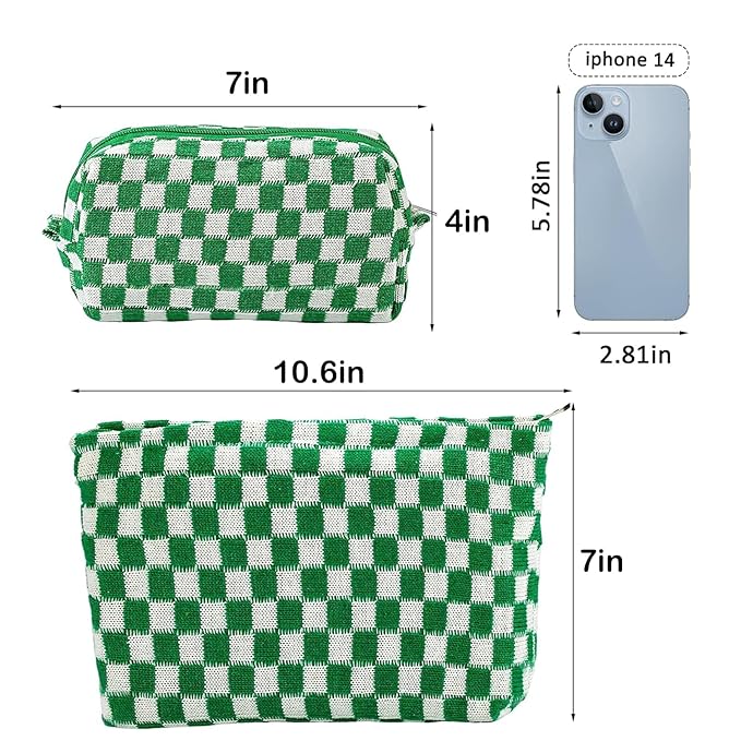 ZLFSRQ 2Pcs Checkered Makeup Bag for Women Large Small Travel Toiletry Bag Organizer Aesthetic Zipper Cosmetic Bags Cute Makeup Pouch for Purse Pencil Case Pencil Pouch Skincare Storage Bags (Green)