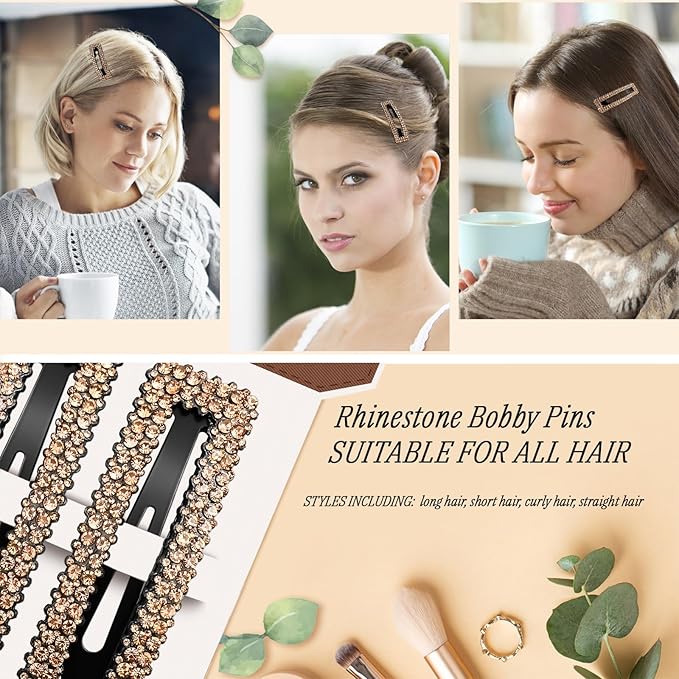 Kanprincess Rhinestone and Crystal Hair Clips 2-Pack, Sparkly Barrettes & Elegant Bling Accessories for Women & Girls(Set8)