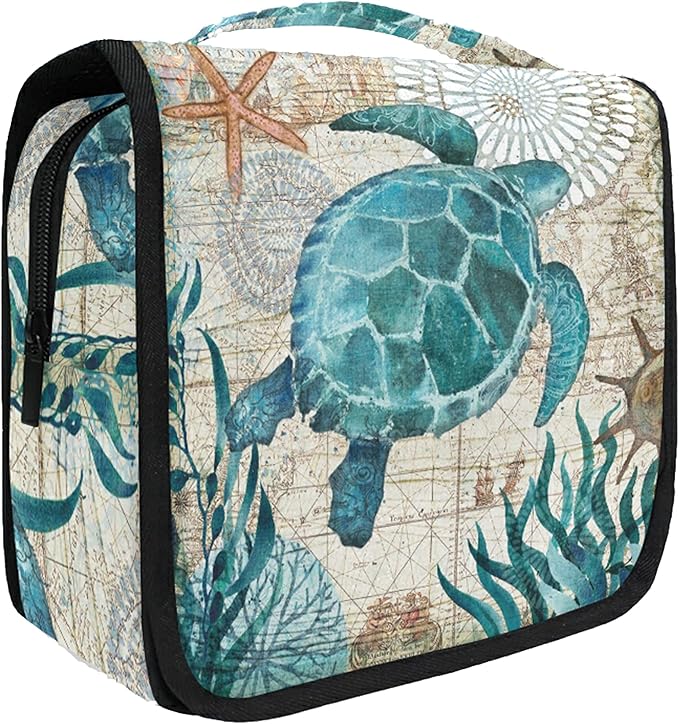 senya Hanging Travel Toiletry Bag Kit Makeup Case Cosmetics Organizer for Men Women (Sea Lives Turtle Coral)