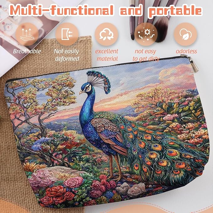 Scribesense Makeup Bag Travel Cosmetic Bags Small Makeup Case Waterproof Zipper Pouch for Women Girls 7X9inches - Peacock in A Dusk - Filled Floral Landscape