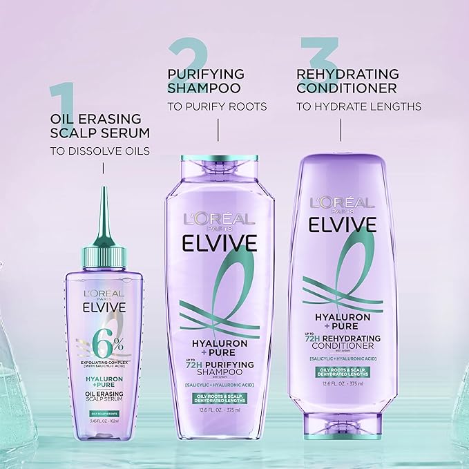 L'Oreal Paris Elvive Hyaluron + Pure Shampoo and Conditioner Set, Clarifying Shampoo and Rehydrating Conditioner with Salicylic Acid and Hyaluronic Acid, 56 Fl Oz Set