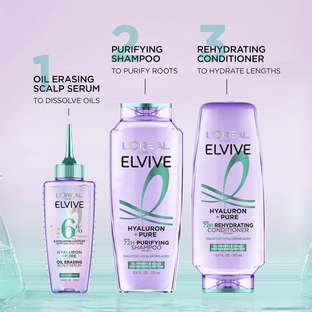 L'Oreal Paris Elvive Hyaluron + Pure Shampoo and Conditioner Set, Clarifying Shampoo and Rehydrating Conditioner with Salicylic Acid and Hyaluronic Acid, 56 Fl Oz Set