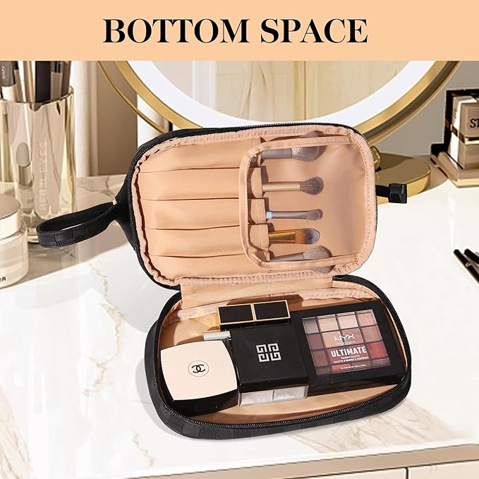 Abiudeng Large Makeup Bag for Women,Travel Makeup Organizer with Brush Holder, Dopp Kit Essentials,Waterproof Checkered Cosmetic Bag for Traveling,Multi Compartment,Cute,Spacious Capacity-Black