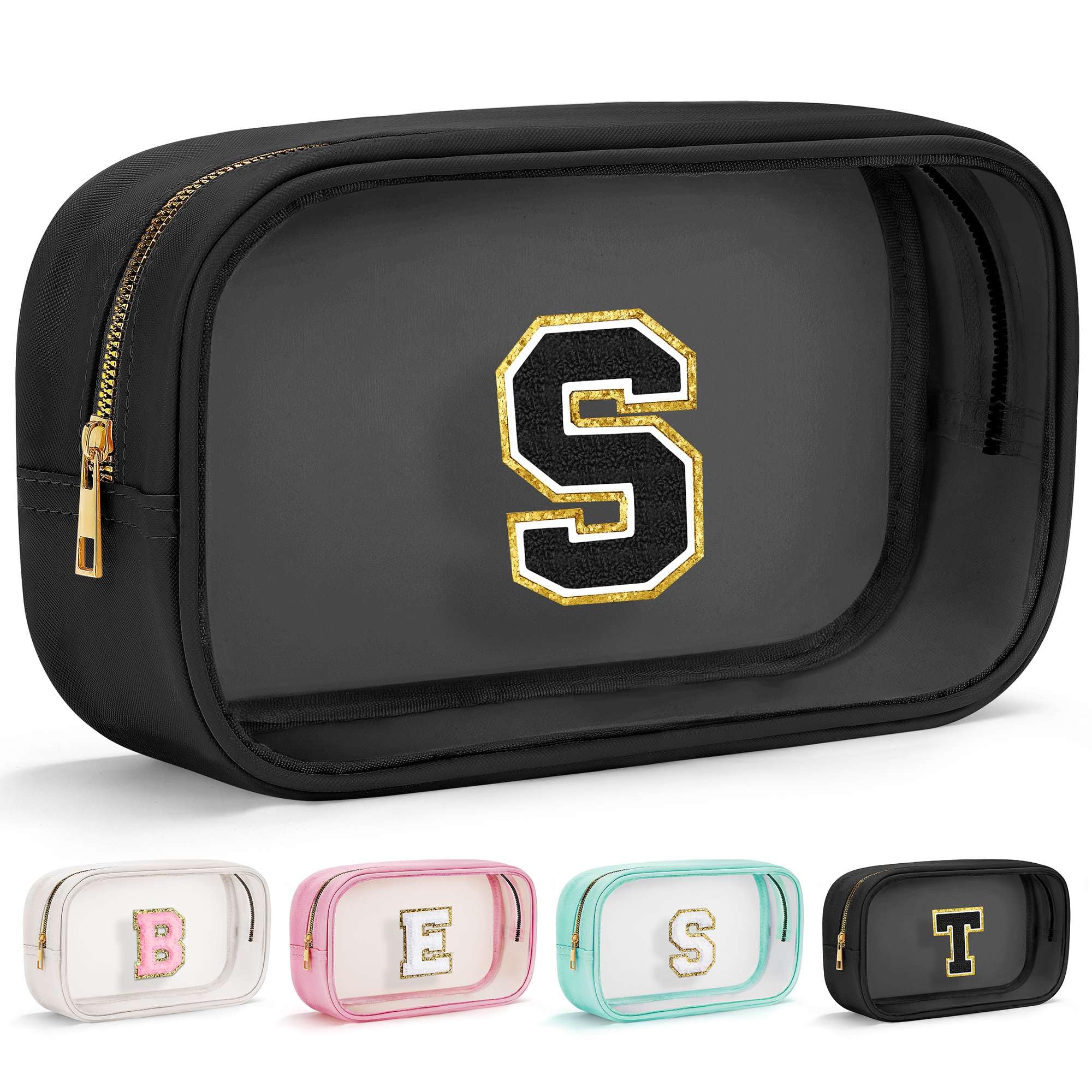 YOOLIFE Travel Clear Makeup Bag Toiletry Bag, Make up Bag Waterproof Toiletry Bags for Women Cosmetic Bag Birthday Gifts for Women Personalized Mother Girlfriend Wife Bridesmaid Gifts Black Letter S