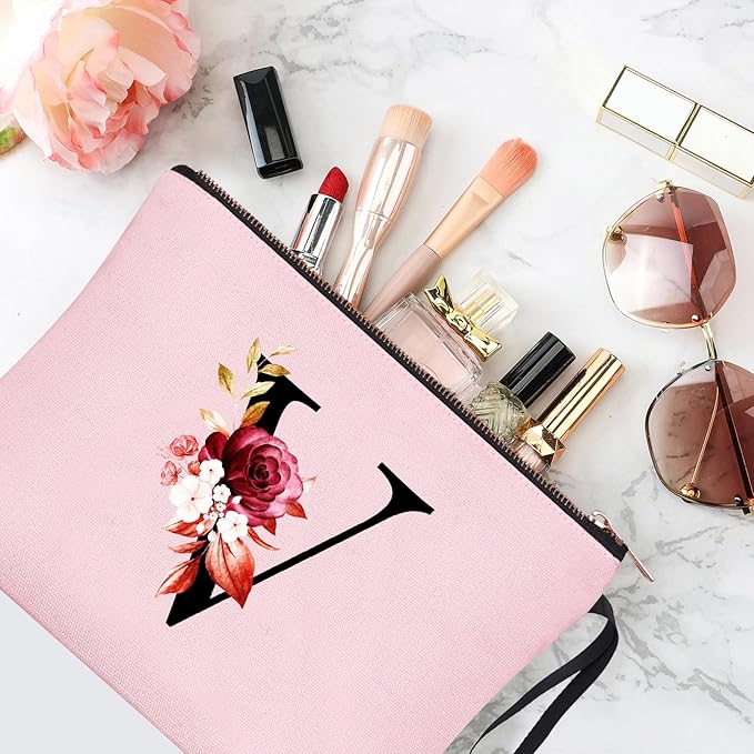 Vavabox A-Z Personalized Makeup Bag, Birthday Gifts for Women Mom, Gifts for Best Friend, Bride Bridesmaid Cosmetic bag (V, 06-Pink)