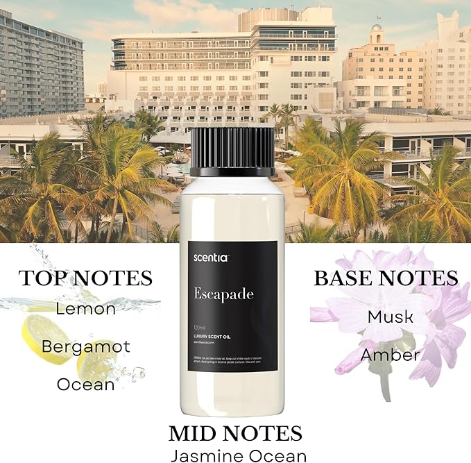 Scentia Escapade Diffuser Oil Refill – Hotel Fragrance Oil Inspired by Ri.tz Carlton – 120 mL – Jasmine, Bergamot & Marine Long-Lasting Scent for Ultrasonic & Waterless Diffusers, Made in USA