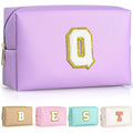 TOPEAST Initial Makeup Bag for Travel, Chenille Letter Pouch Cosmetic Bag, PU Leather Waterproof Toiletry Bag, Personalized Gifts for Bride Bridesmaids, Cute Things for Girls (Pearly White Q)