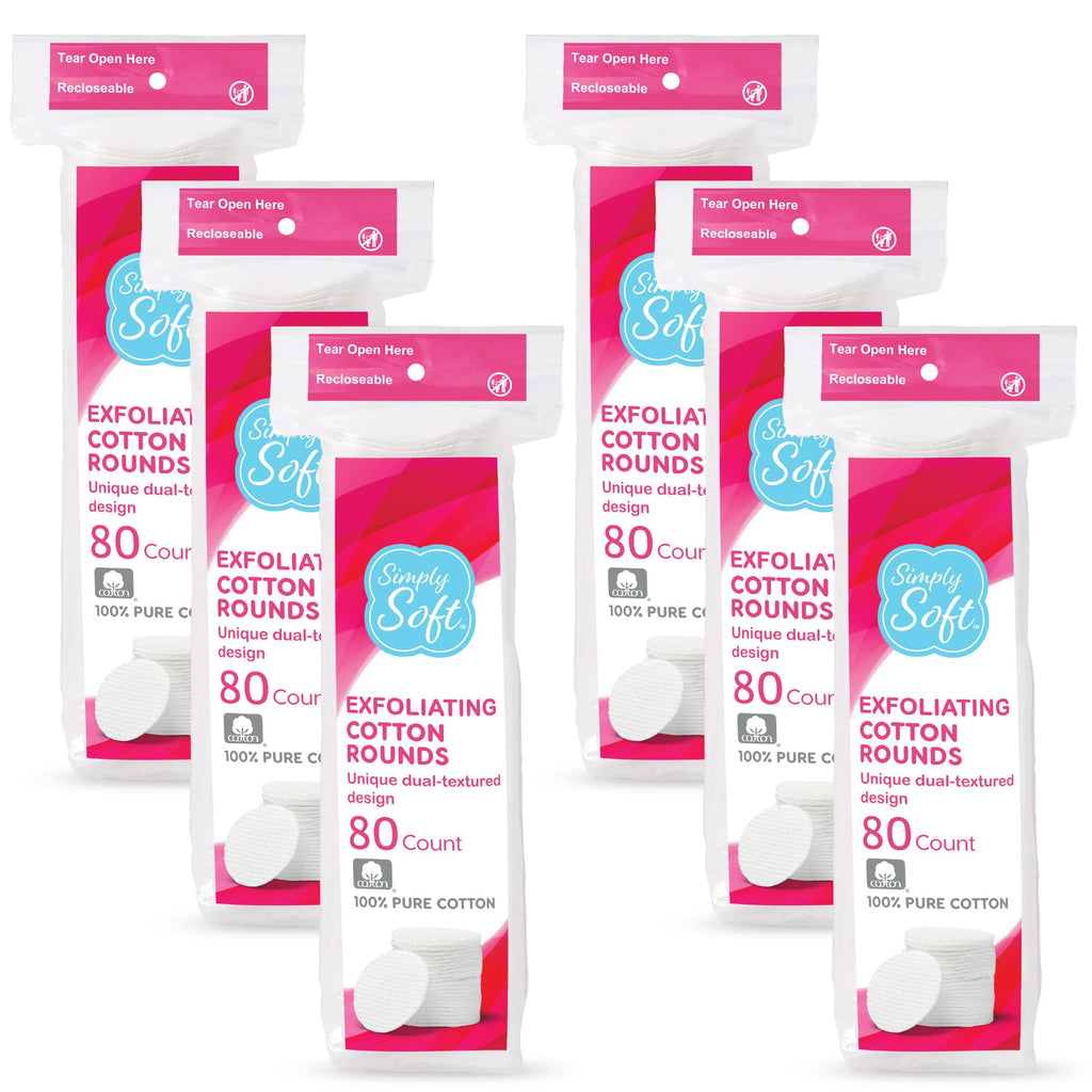 Simply Soft Hypoallergenic Exfoliating Dual Textured Cotton Rounds Pads, 80 Count (Pack of 6)