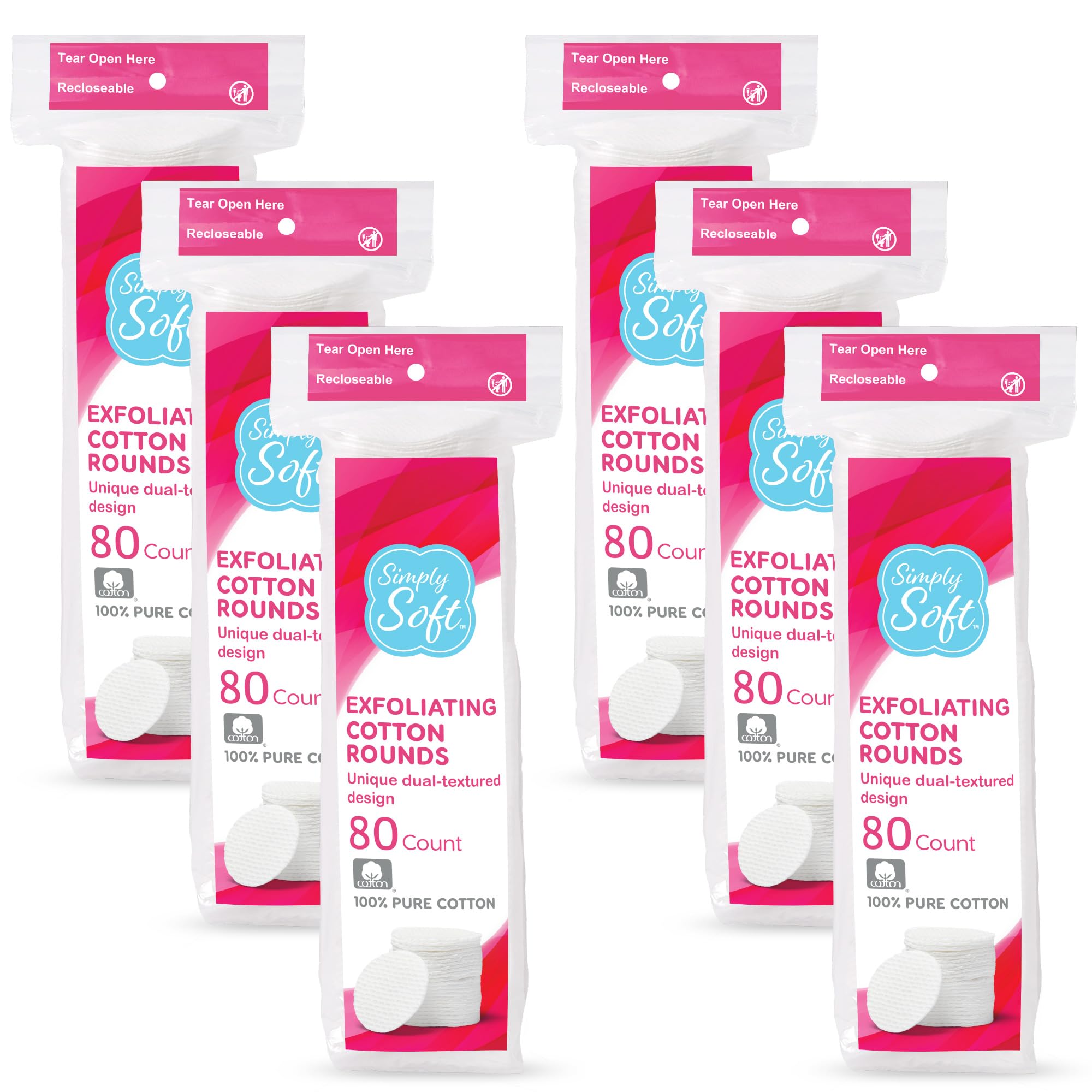 Simply Soft Hypoallergenic Exfoliating Dual Textured Cotton Rounds Pads, 80 Count (Pack of 6)