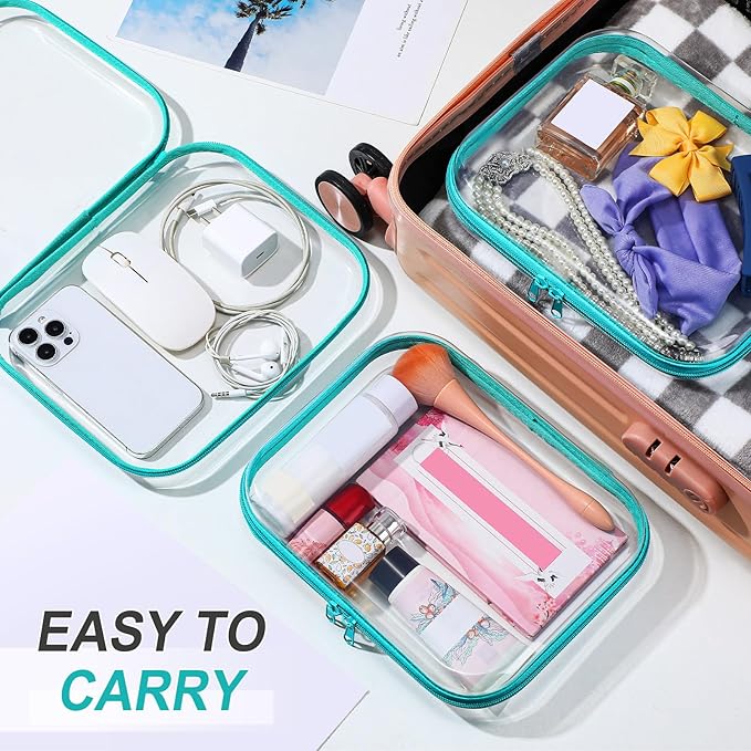 Sanwuta 6 Pcs Clear Hard Zipper Case Plastic Zipper Pouches Transparent Makeup Bag Pencil Case Pouches Toiletry Diaper Bag for Travel Toy Storage Organizer Bins(Teal,7.87 x 5.9 x 2 Inch)