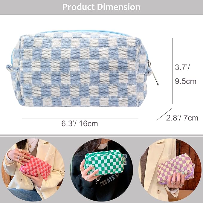 Checkered Makeup Bag for Purse, Small Cosmetic Pouch,Blue Green,2 Pack