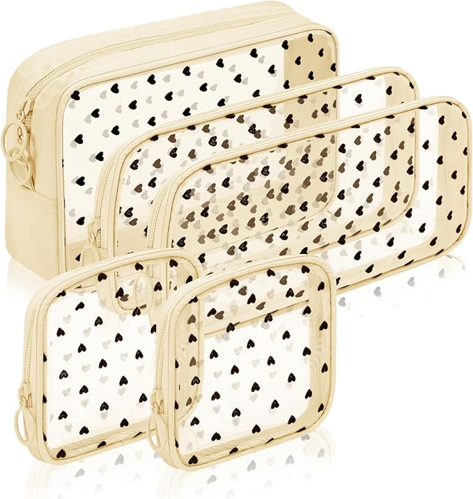 Sinzip 5 Pieces Mini Zipper Nylon Mesh Pouch, Mesh Cosmetic Bags Makeup Bags, Multipurpose Travel Toiletry Bags for Office Supplies and Travel Accessories (Heart Print-Beige, Assorted Sizes)