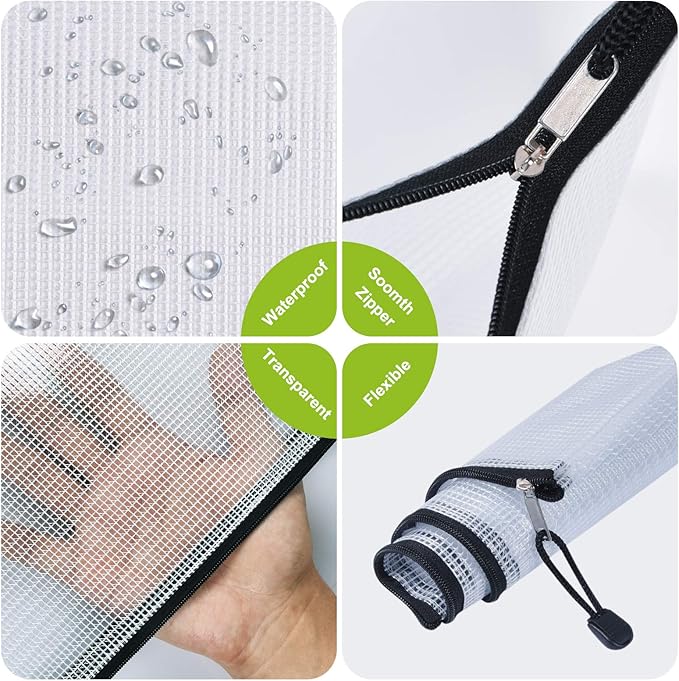 12 Pcs Plastic Mesh Zip File Bags, Waterproof Tear-Resistant Document File Folders, B8 Size Zipper Documents Pouch Document Organizer Bags for School Office Home Travel Storage(5×4.1 Inch)