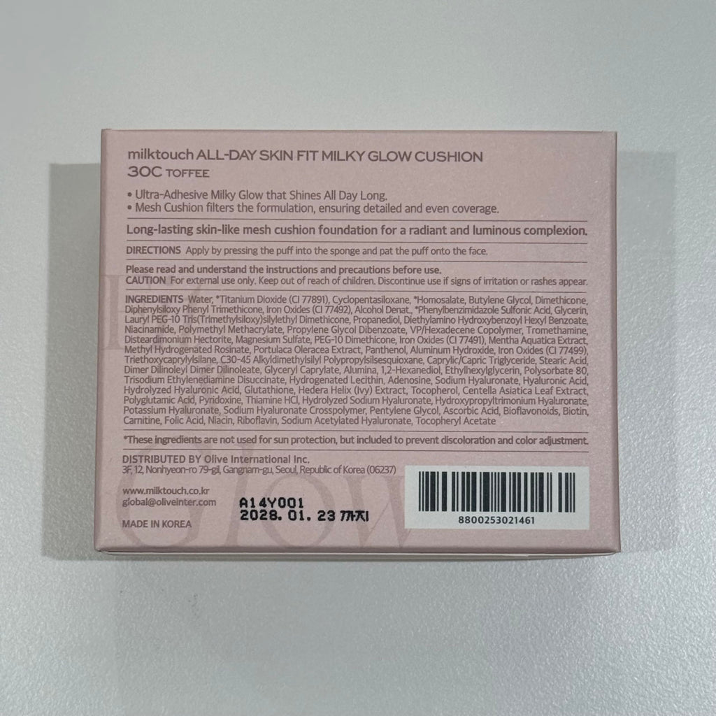 milktouch Cushion Foundation, 24H Flawless Skin, Radiant Shine, No Oxidation, Long-Lasting, Non-Creasing, 60% Hydrating Skincare Infused Korean Foundation (30C Toffee)