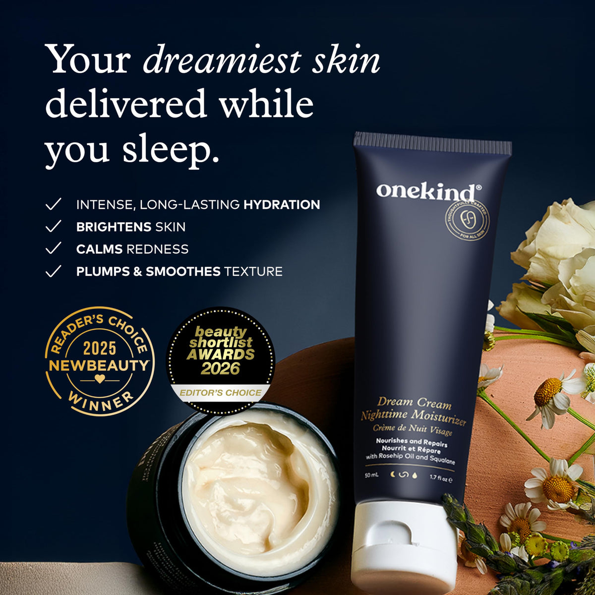 Onekind Night Moisturizer for Face, Hydrating Dream Cream for Wrinkles, Night Cream for Women Anti Aging with Squalane, Rosehip & Shea Butter for Dry & Sensitive Skin – 1.7 oz