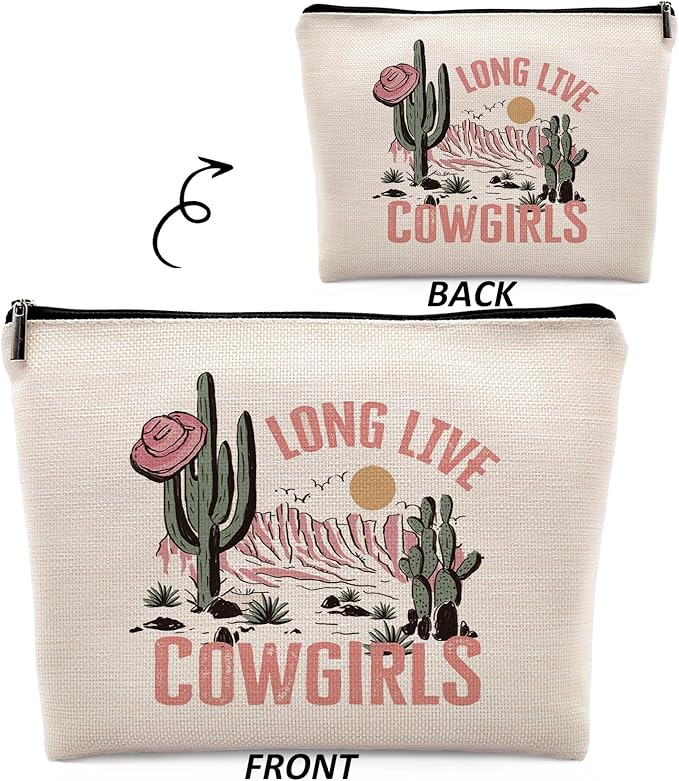 Dwept Long Live Cowgirls Cosmetic Bag, Pink Retro Western Cowgirl Hat Desert Cactus Makeup Bag Zipper Cosmetic Pouch Bag Travel Linen Makeup Organizer, Preppy Gifts for Teen Girls Women Cowgirls