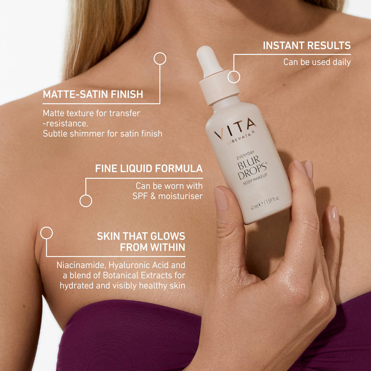 VITA LIBERATA Everyday Body Blur Drops Medium 1.59 Fl Oz, Body Makeup, Wash Off Tanning Drops, Water Resistant, Matte Satin Skin Finish
